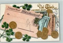 Neujahr - Geldscheine und Münzen , Kleine Flecken Geld auf AK Prägedruck