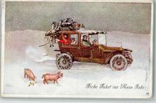 Neujahr - Frohe Fahrt ins neue Jahr, Schweine,AK Glückwunsch Auto 1914