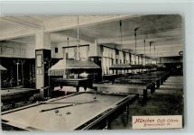 W8000 München Großer Saal mit Billard Tischen - Cafe Odeon, Briennerstr. Billard 1909 Gebrauchsspuren