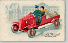 Neujahr - Kinder im Auto, Geldsäcke, kleine Stempelspur Glückwunsch Auto 1938
