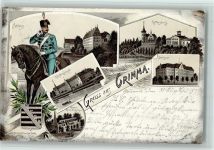 04668 O7240 Grimma 1897 Lithographie Gruss aus - Husare mit Pferd, Wappen AK