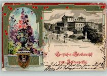 W3000 Hannover Lithographie Prägedruck Passepartout Hoftheater Blumen in Vase Neujahr Passepartout 1902 Gebrauchsspuren