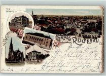 Reichenau i. Sachsen Bogatynia Gebrauchsspuren Königl. Amtsgericht Gesamtansicht Oscar Preibisch-Turnhalle Kath. Kirche Kaiserl. Post Lithographie