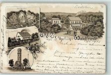 55629 W6577 Seesbach Gebrauchsspuren Fels Beilstein Forsthaus Aussichtsturm Alteburg Luftkurhaus Waldfriede Lithographie