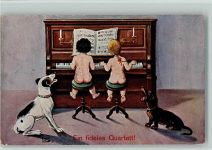 nackte Kinder beim Klavier spielen, Dackel jault mit AK Dackel 1919 Künstlerkarte