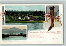 82402 W8124 Seeshaupt Lithographie Gasthof Lauterbacher Mühle an der Osterseen Strumpf Aussicht auf Iffeldorf und Benediktenwand