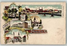 85049 W8070 Ingolstadt , Donau Lithographie Rathaus Pfarrkirche Friedenskaserne Kriegerdenkmal Kreuztor