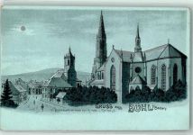 77815 W7580 Bühl , Baden Lithographie / Mondschein Eisenbahnstraße mit Kirche und Rathaus