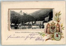 53913 W5357 Capellen 1902 Prägedruck Schloss Stolzenfels Wappen Seitenraddampfer Lithographie