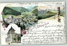 79837 W7822 St. Blasien 1898 Lithographie Neues Kurhaus Turm Blumen Gruss Kuppel Mann Frau Schirm