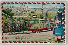Reitende Gebirgsmarine Panzerschiffe werden von Pferden über Land gezogen Schwarz-Weiß-Rot Militär Humor WK I 1913
