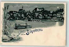 82319 W8130 Starnberg Lithographie / Mondschein Dampfer Seerosen