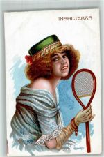 Frau mit einem Tennisschläger Tennis Lithographie / Künstlerkarte