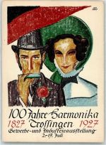 78647 W7218 Trossingen Gebrauchsspuren 100 Jahre Harmonika 1827 1927 Gewerbe Industrie Ausstellung 2.-17. Juli Mann Frau Tracht Mundharmonika