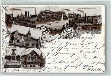 44787 W4630 Bochum 1898 Lithographie Gruss aus - qualmende Schornsteine, Kriegerdenkmal, Hochöfen, Zeche