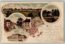 86807 W8938 Buchloe 1900 Gebrauchsspuren Bahnhof Gasthaus Kellergarten Lithographie