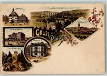 08523 O9900 Plauen Lithographie Rathaus Erste höhere Bürgerschule Kaiser Wilhelm Denkmal Kellers Hotel Schützenhaus Syrathal-Viadukt