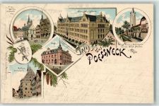 07381 O6840 Pößneck 1897 Lithographie Kirche Markt Neues Schulgebäude Weisser Turm Stadtmauer Post Rathaus