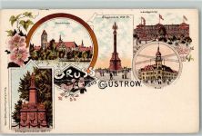 18273 O2600 Güstrow Lithographie Domkirche Siegessäule 1813 - 14 Landgericht Post Kriegerdenkmal 1870 - 71