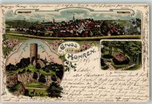 04655 O7234 Kohren-Sahlis 1901 Lithographie Die Klippen Turm Wild Reh Wald Kirche Gruss Blumen