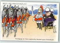 Verteidigung der angekauften Maulesel gegen Fahnenflucht - Viktoria in der Kutsche - Karikatur Buren 1900