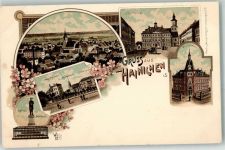 09661 O9260 Hainichen , Sachs Lithographie Gellert Denkmal Marktplatz Postgebäude Villa Hotel Haubold Kirche Kutsche Gruss Blumen