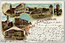 15517 O1240 Fürstenwalde , Spree 1901 Lithographie Bahnpost Berlin Liegwitz Zug 232 11.8.01 Rathaus Kaserne d. 3. Ulanen-Regiments Städt. Gymnasium St. Marien Domkirche Kaiserplatz u. Kriegerdenkmal Bullen Turm