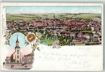 04741 O7304 Roßwein 1899 Lithographie Kirche Wappen Pferd Fabrik Eisenbahn Gruss Blumen