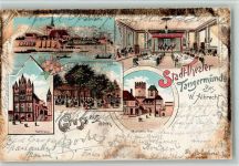 39590 O3504 Tangermünde 1901 Lithographie / Künstlerkarte Gruss aus - Stadttheater mit Innenansicht , Rathaus AK