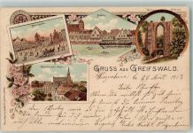 17489 O2200 Greifswald , Hansestadt 1903 Lithographie Marktplatz Hafen Steinbecker Tor Ruine Eldena
