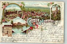 34346 W3510 Münden 1900 Lithographie Forst-Akademie Aussichtsturm Gasthaus Nicker Engel's Garten