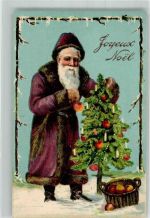 Tannenbaum mit Äpfel schmücken Joyeuse Noel Weihnachtsmann Lithographie / Prägedruck