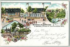10115 W1000 Halensee 1899 Gebrauchsspuren Lithographie Gasthaus am Halensee Gartenwirtschaft Halensee