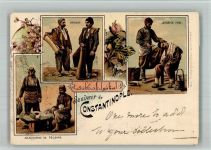 Konstantinopel Istanbul 1900 BOAKC Tracht Beruf Barbier Sakkas Marktszene Lithographie