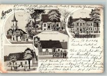 Muschten Myszecin 1906 BOAKC Kirche Stellmacherei Schloss Gasthaus Lithographie