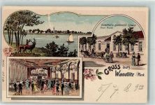 16348 O1292 Wandlitz 1908 Gebrauchsspuren Hirsch Rehkuh Gasthaus zum goldenen Löwen Ballsaal Lithographie