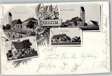 87746 W8941 Erkheim 1899 Gebrauchsspuren Lithographie Prot. Kirche Prot. Pfarrhof Kath. Schule Kath. Kirche beschnitten