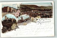 98617 O6100 Meiningen 1898 Gebrauchsspuren Theater Stadtkirche Landsberg Burg Blumen Lithographie