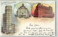 New York City Lithographie St. Paul Building N.Y. Post Office Hotel Waldorf Straßenbahn
