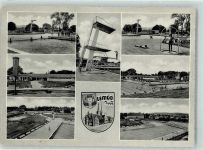 32657 W4920 Lemgo Foto AK Austragungsort der Deutschen Schwimm und Springmeisterschaften 1955 Schwimmbad Wappen