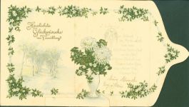 Hochzeits-Telegramm Chrysanthemen in Vase Birkenallee Innenseite Gedicht Prägedruck Briefkarte geöffnet 12 cm hoch 21,5 cm breit Hochzeit AK mit Papierapplikation