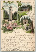 98693 O6300 Ilmenau , Thür 1902 Lithographie Gruss Turm Kickelhahn Gasthaus Gabelbach Bank Mann Blumen Eichenblatt Tannenzweig