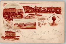 01587 O8400 Riesa Lithographie Panorama des Ortes mit Elbeschiff Kaiser-Wilhelm-Platz Elbbrücke Bahnhof Wasserturm