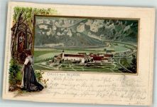 88631 W7792 Beuron 1902 Prägedruck Kloster Beuron Betende Frau in Tracht vor einem Bildstock Passepartout Lithographie