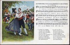 Tanzende Paare in Trachten, Musiker, Lied,H. Mückenberger Liederkarte 1925