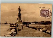 Port Said 1913 Foto AK Leuchtturm Hafen Denkmal Lesseps Marke bildseitig