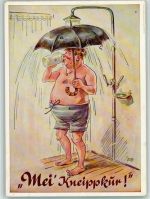 Biertrinker mit Humpen und Regenschirm unter der Dusche Trinker