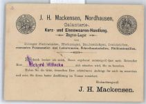 99734 O5500 Nordhausen , Thür - Geschäftskorrespondenz Firma Kurz- und Eisenwarenhandlung J.H. Mackensen