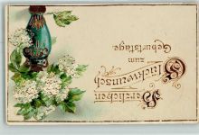 Blumenvase Gburtstag Gold Prägedruck Folienkarte / Lackkarte Flieder 1915 Gebrauchsspuren