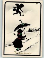 sign G. P. - Bonne Annee - Mädchen mit Regenschirm, Engel mit Kleeblättern AK Gute Erhaltung Serie Künstlerkarte
